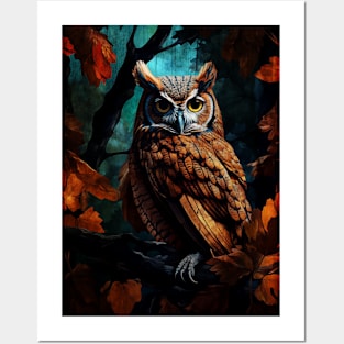 Great Horned Owl In Autumn Posters and Art